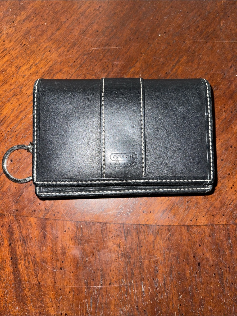 Coach Black Leather bi fold wallet coin holder in the with White Stitching